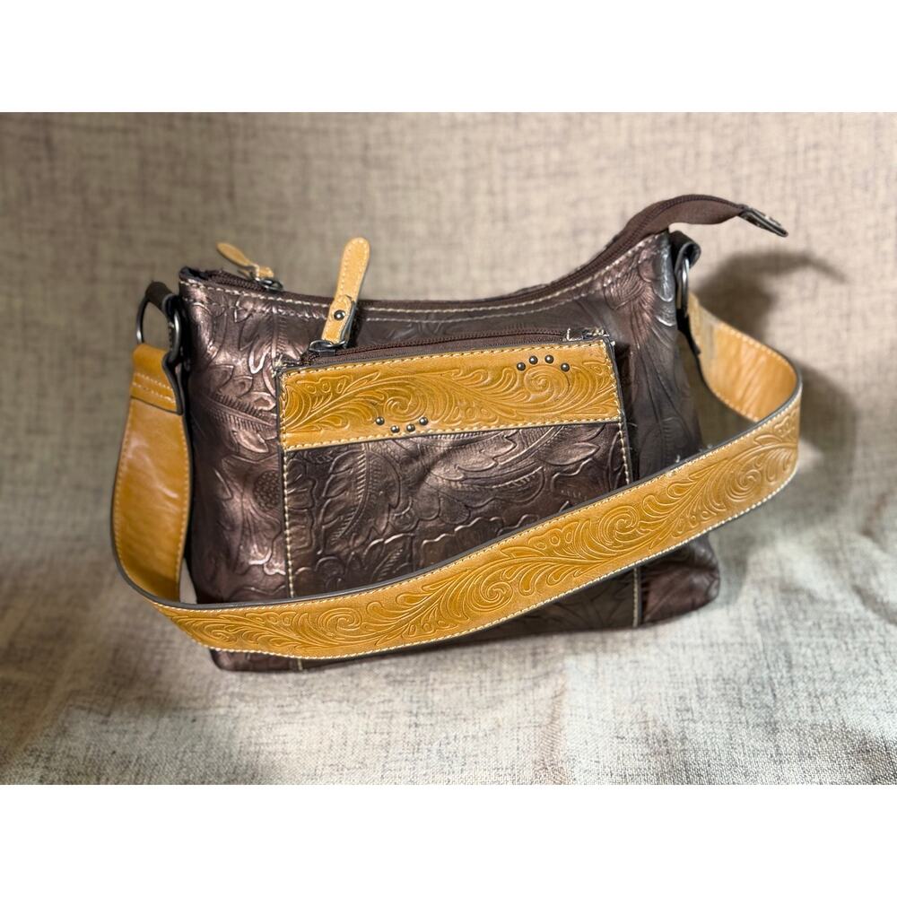 Tony Lama Brown Embossed Floral Crossbody Bag Western Tooled Shoulder Purse - Picture 5 of 14